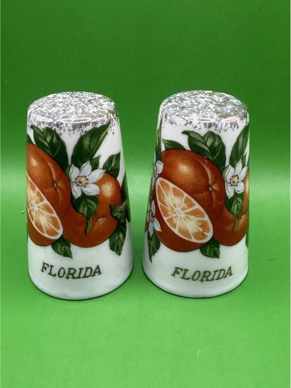Vintage Florida Orange Ceramic Salt‎ Pepper Shakers Time's Tin Cup Japan